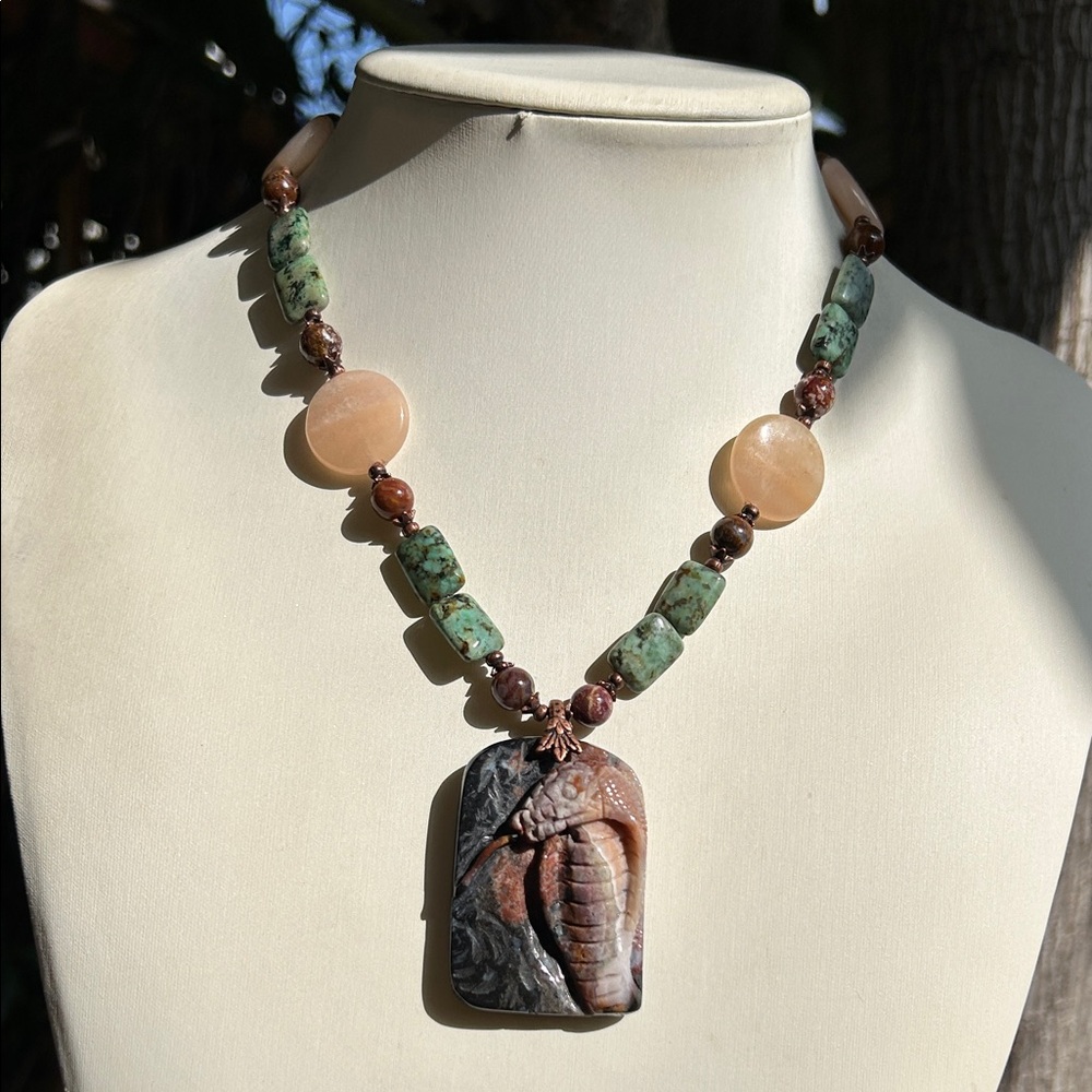 Handcrafted Turquoise Agate Carved Snake Pendant Necklace - Picture 6 of 6